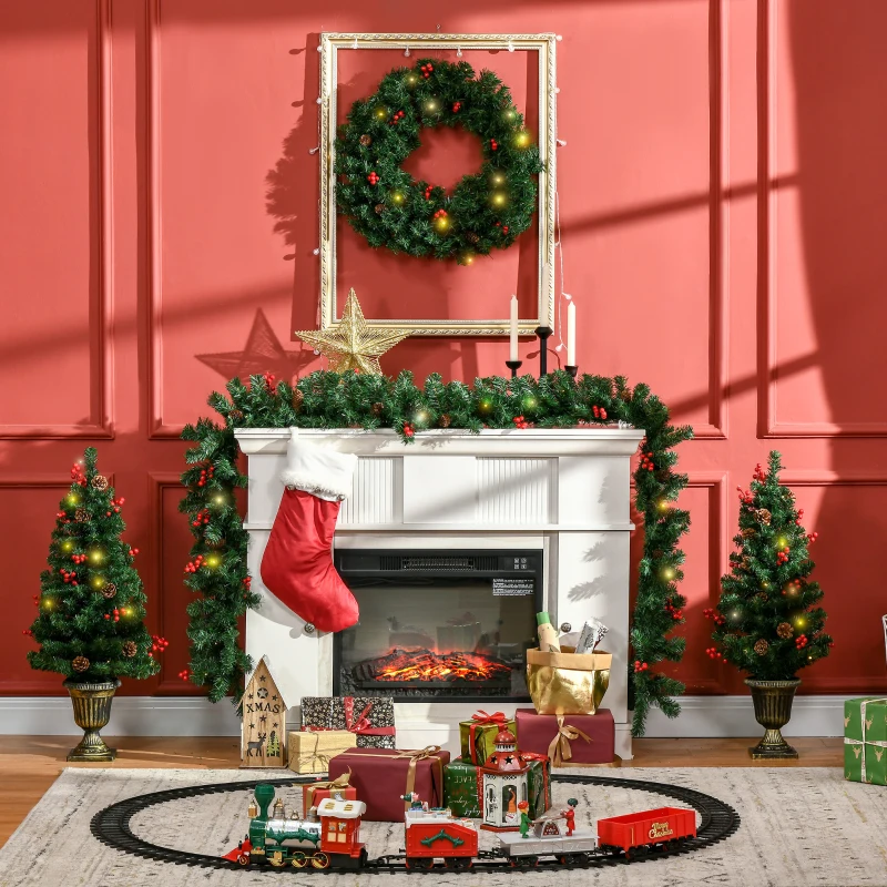 HOMCOM Decorazioni Natalizie, Set 4 Pezzi con 2 Alberelli di Natale Φ40x90 cm, Ghirlanda Natalizia e Corona di Natale