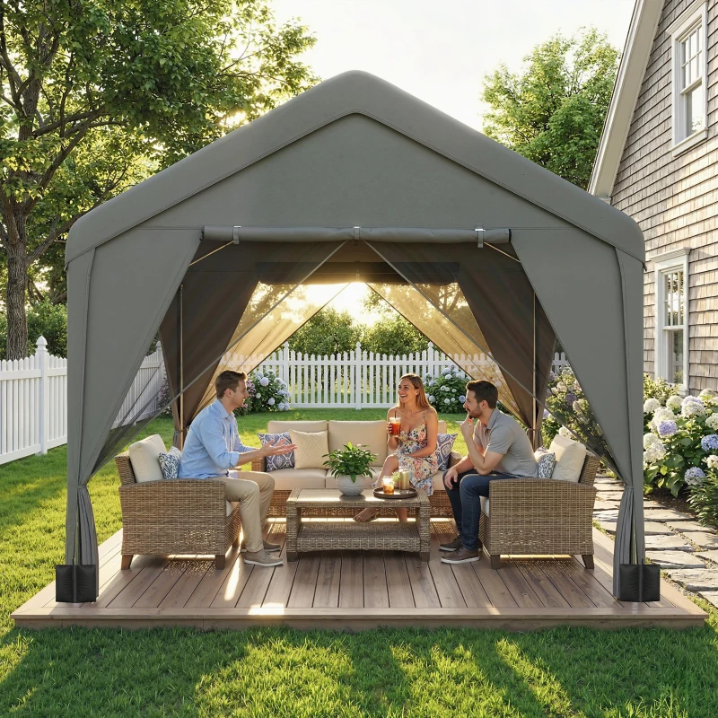 Outsunny 3 x 3 m Patio Gazebo with Netting & Curtains, Outdoor Canopy Shelter with Galvanised Steel Frame, Dark Grey