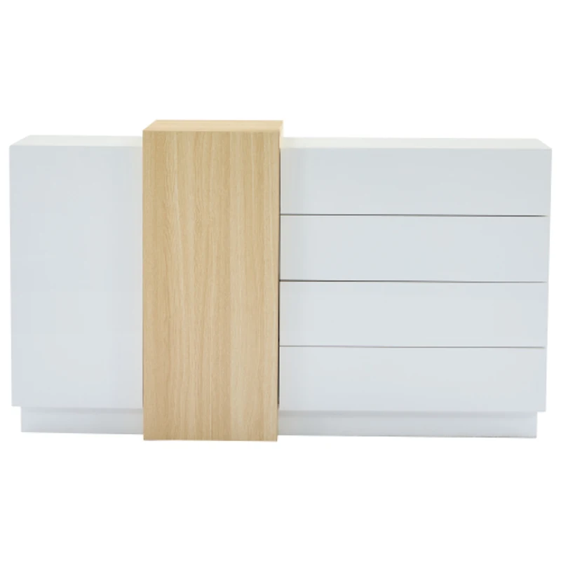 High-Gloss Sideboard with 4 Drawers and 2 Doors, Stylish Storage Cabinet with Anti-Tilt Safety Rails, 140L x 35W x 76.5H cm, White