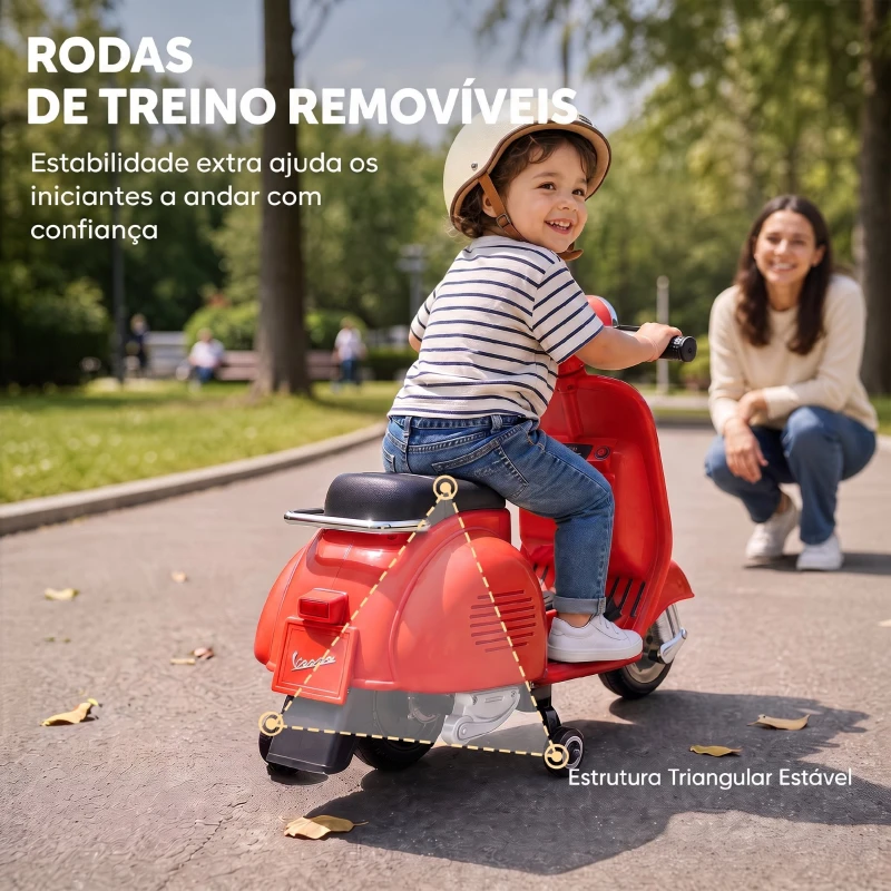 AIYAPLAY Mota Elétrica Infantil VESPA com Arranque Suave, Rodas de Apoio, Luz, Música e USB - Vermelho