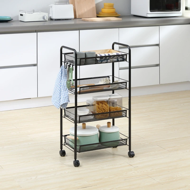 HOMCOM Carrello da Cucina a 4 Ripiani Rimovibili con 4 Ganci e Ruote, in Acciaio e Plastica PP, 45x26.5x84 cm, Nero