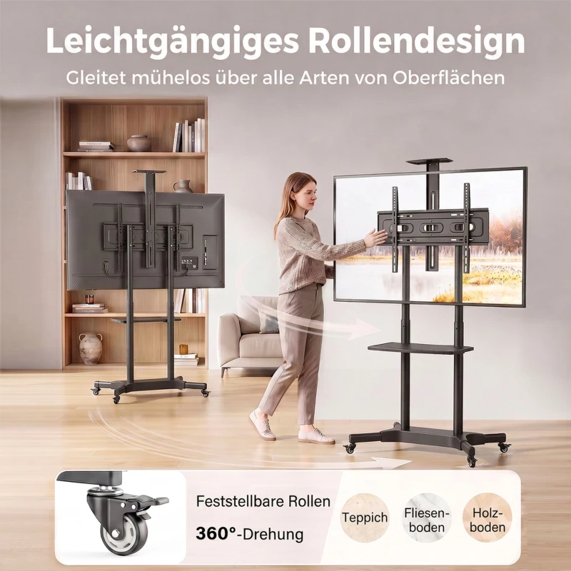 HOMCOM Stojak TV na kółkach do telewizorów 81,3–190,5 cm Regulowany stojak TV z 2 półkami, metal, max. VESA 400x600mm