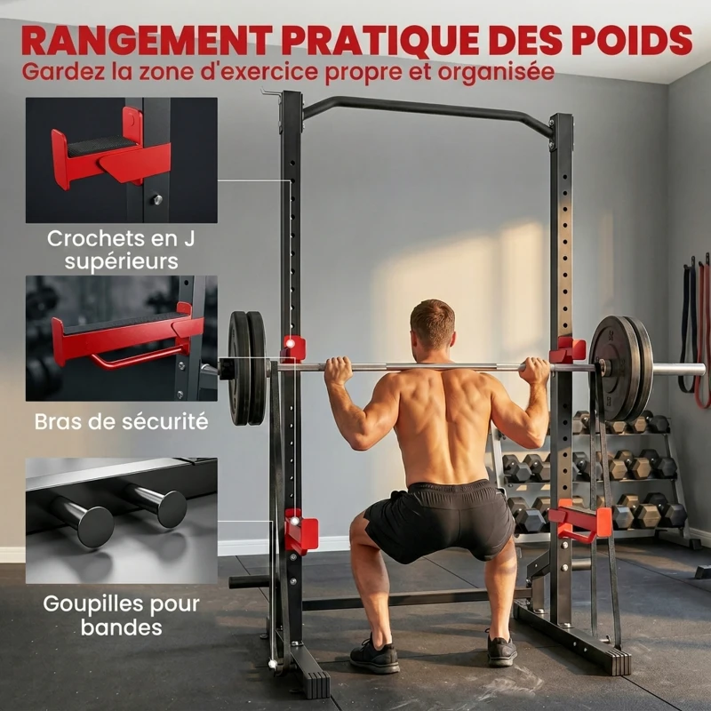 SPORTNOW Power Tower Multifonction Charge 500 kg, Barre de Traction, Rack de Squat, Supports pour Disques, 157x105x205cm, Rouge