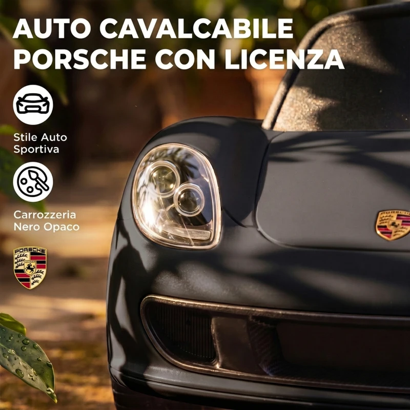 AIYAPLAY Auto Cavalcabile per Bambini 18-36 Mesi Porsche con Clacson, Fari, Suoni, Volante e Seduta, Nero Opaco