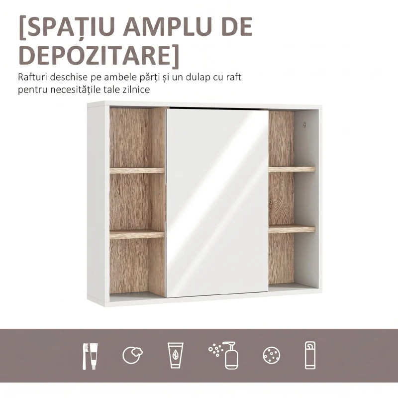 HOMCOM Dulap cu Oglindă din MDF și PAL cu 3 Rafturi Laterale și Raft Reglabil la Interior, 60x14,5x49,4 cm