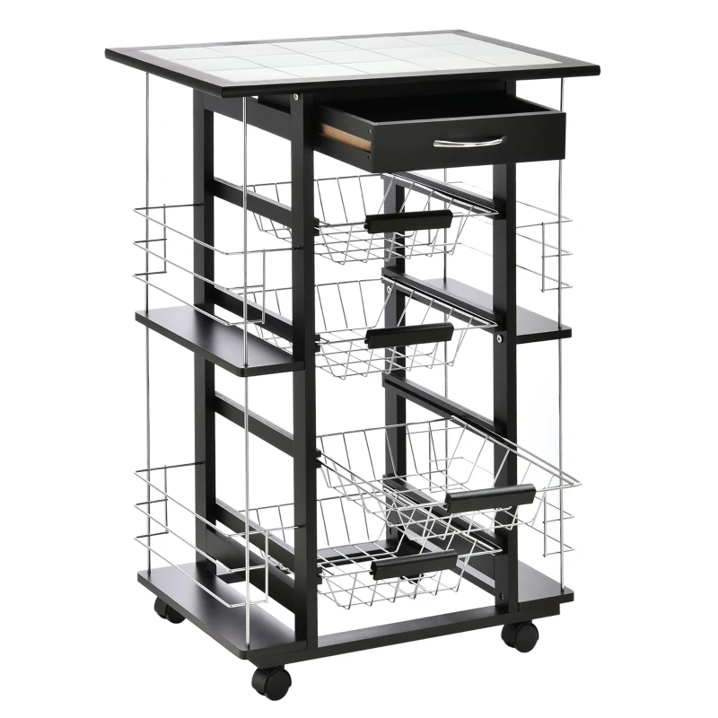HOMCOM Carrello da Cucina con Cassetto, 4 Cesti di Frutta Estraibili e Piano in Ceramica, Carrello Cucina Salvaspazio con 4 Ripiani Laterali in Legno di Pino e Metallo, 57x37x83 cm, Nero