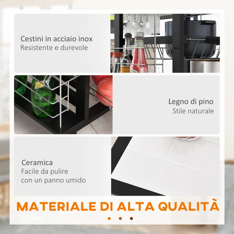 HOMCOM Carrello da Cucina con Cassetto, 4 Cesti di Frutta Estraibili e Piano in Ceramica, Carrello Cucina Salvaspazio con 4 Ripiani Laterali in Legno di Pino e Metallo, 57x37x83 cm, Nero