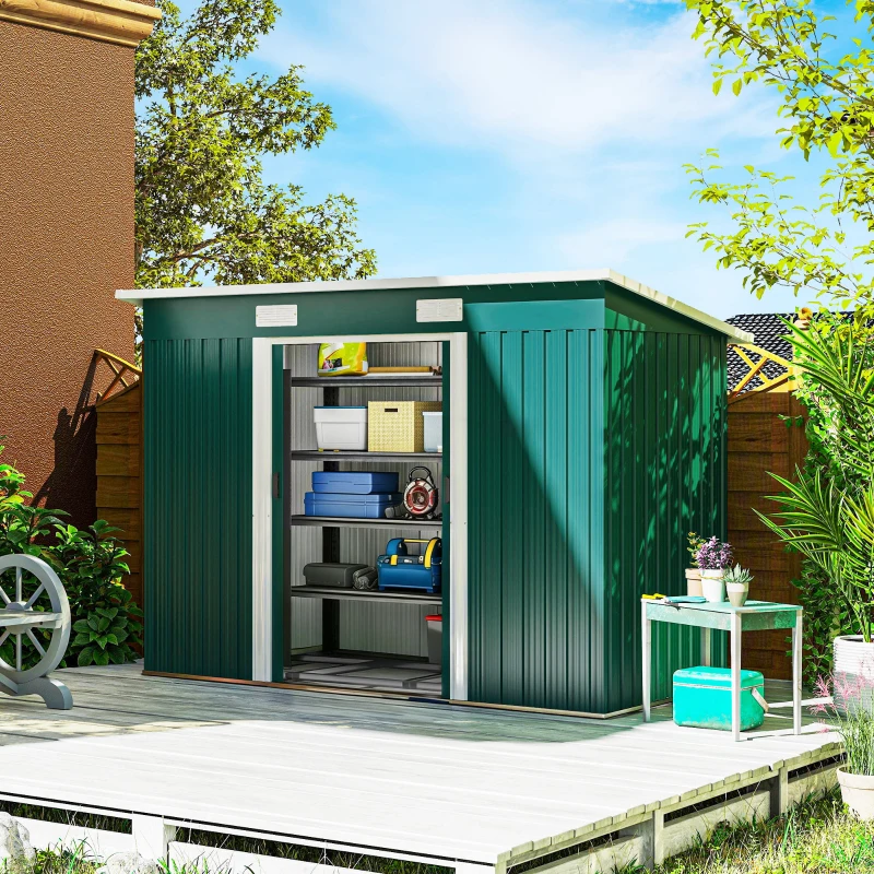 Outsunny Casetta da Giardino in Acciaio 272 x 134 cm con Porte Scorrevoli Doppie e 2 Prese d'Aria, Verde