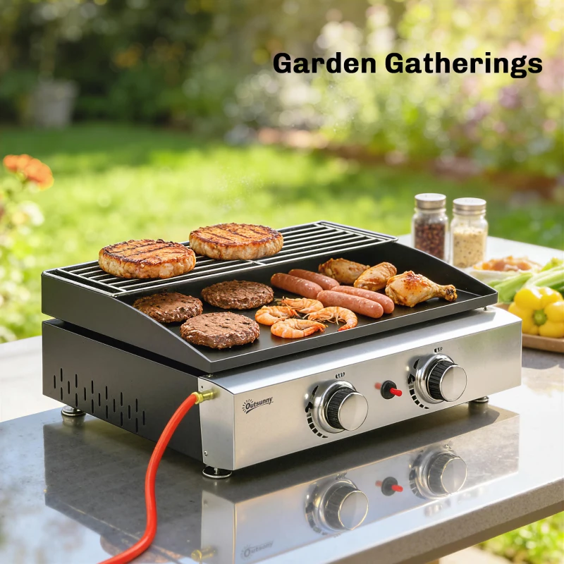 Outsunny 2 Burner Grill Griddle, Portable Gas Plancha with Warming Rack, 5 kW, Tabletop Gas BBQ with Grease Cup, Black