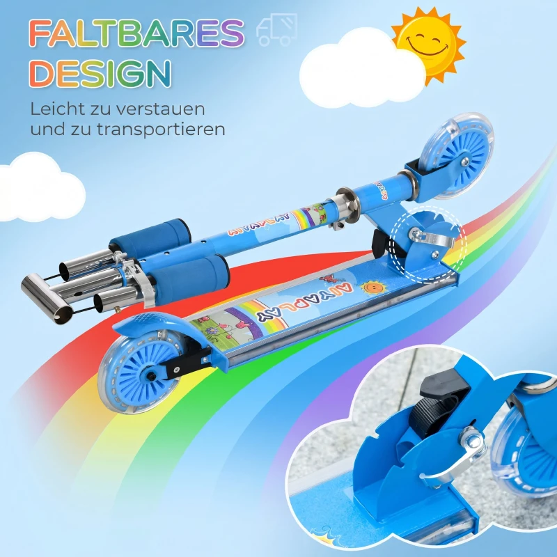 HOMCOM Roller Kinder Scooter mit LED Rädern 124 mm Rollen klappbarer Höhenverstellbar mit Musik Hinterradbremse Blau