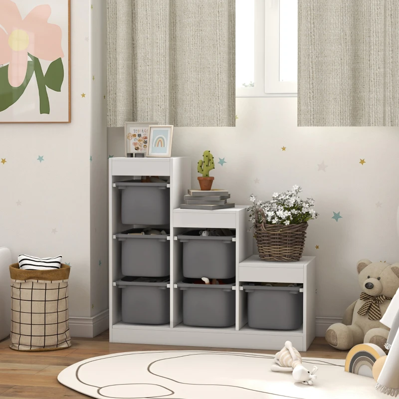 AIYAPLAY Scaffale Portagiochi a 3 Livelli con 6 Contenitori per Bambini da 3-8 Anni, 96x38.5x90cm, Grigio