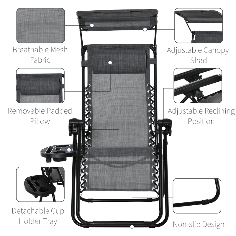 Outsunny Foldable Reclining Garden Chair with Headrest, Zero Gravity Deck Sun Lounger Seat with Footrest, Armrest, Cup Holder & Canopy Shade, Light Grey