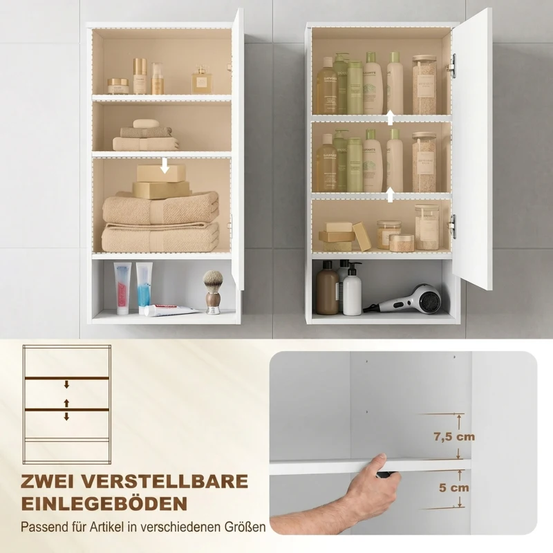 HOMCOM Badkamerkast voor wandmontage met verstelbare planken en deur, wit