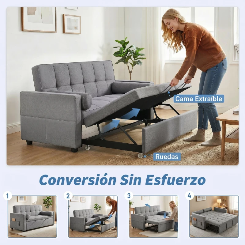 HOMCOM Sofá Cama 2 Plazas 3 en 1 Deslizantede Tejido Lino con Respaldo Ajustable Bolsillos 2 Cojines para Sala de Estar Gris
