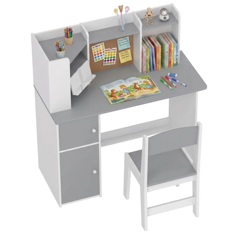 AIYAPLAY Set Scrivania e Sedia per Bambini con Portapenne, Supporto Regolabile per Tablet, Armadietti e Bacheca, Grigio