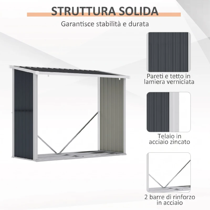 Outsunny Portalegna da Esterno in Acciaio Zincato con Tetto Inclinato, 1,34 m², Grigio Scuro