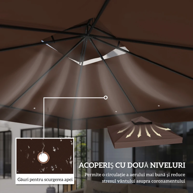 Outsunny Acoperiș de Schimb pentru Foișor 3x3 m cu 2 Niveluri pentru Grădină, Pânză Rezistentă la Apă din Țesătură Oxford 370g/㎡ Anti-UV 30+ cu Orificii de Drenaj, Cafea