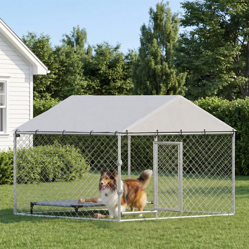 PawHut Recinto per Cani da Esterno in Acciaio Zincato con Tetto in PE, Anti-UV, Impermeabile, Argento