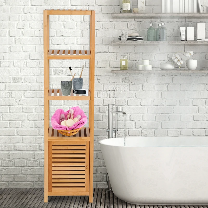 HOMCOM Mobile Alto Bagno/Terrazzo, Scaffale a Torre in Bambù 4 Ripiani + Armadietto con Anta, 36x33x140cm, Color Legno