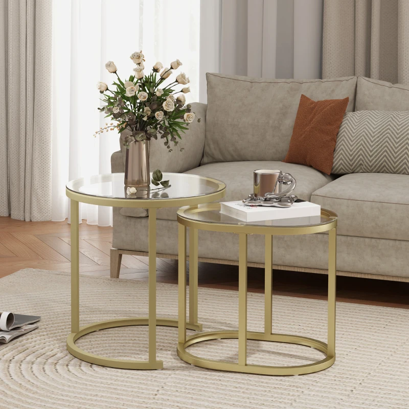 HOMCOM Nest of Tables with Steel Frame and Tempered Glass Tabletop, Modern Coffee Table Set of 2, Clear