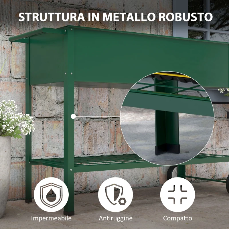 Outsunny Fioriera da Esterno con Mensola Inferiore Portautensili, in Metallo, 109x44x80 cm, Verde
