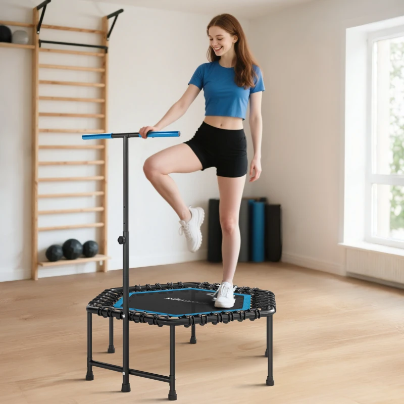 SPORTNOW Trampolim Fitness 114x114x132 cm com Guiador Ajustável em 3 Níveis Estrutura de Aço para Treino de Perna Corpo Azul