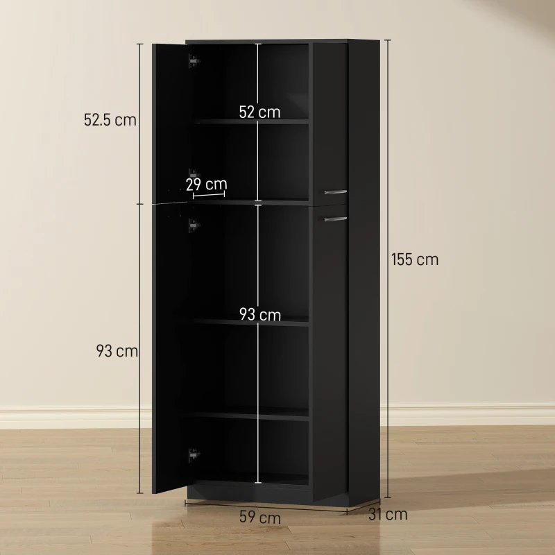 HOMCOM Mobilier de depozitare minimalist cu 2 dulapuri și rafturi reglabile, din lemn negru, 59x31x155 cm
