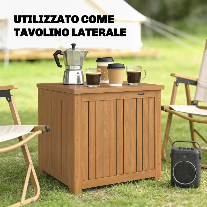 Outsunny Cassapanca da Esterno 130L con Coperchio Cerniere e Cinghia, in Legno, 63x51x58.5 cm, Marrone