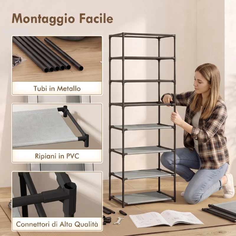 HOMCOM Scarpiera 7 Ripiani Acciaio con Copertura TNT, 60 x 30 x 126 cm, Grigio