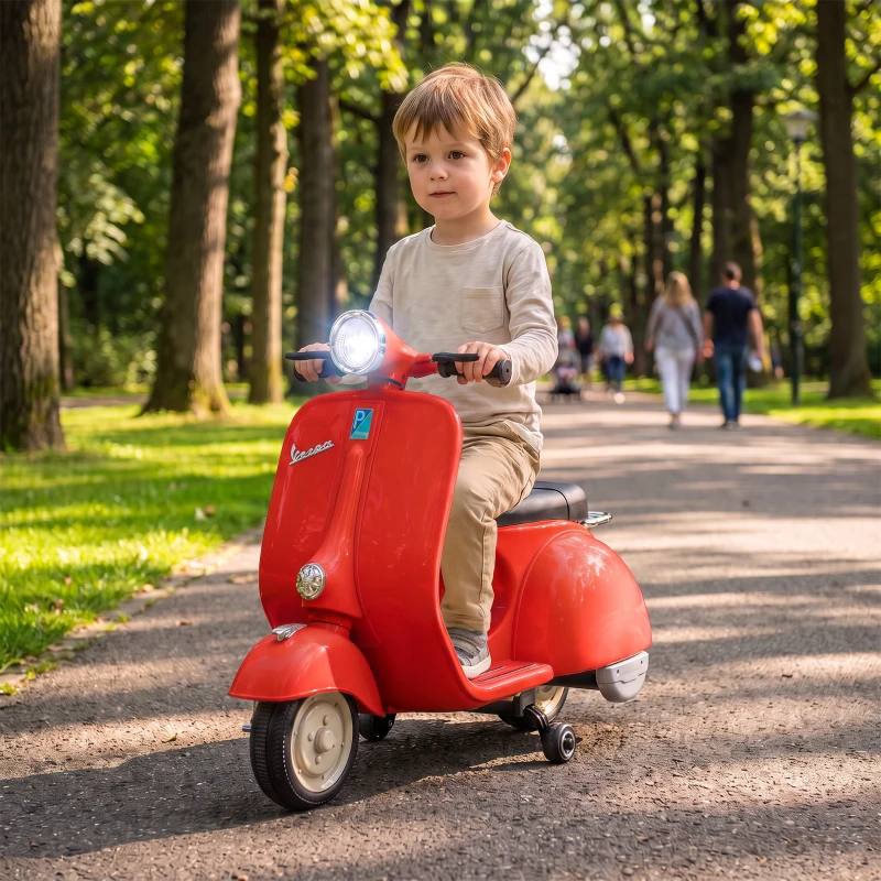 AIYAPLAY Moto Eléctrica para Niños Licencia VESPA Arranque Suave Ruedines Desmontables Luz Delantera Música, Bocina USB Rojo