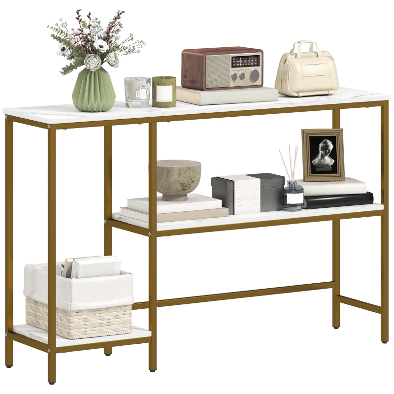 HOMCOM Console meuble 120 cm, table console 3 niveaux avec étagères de rangement, plateaux imitation marbre, blanc et doré