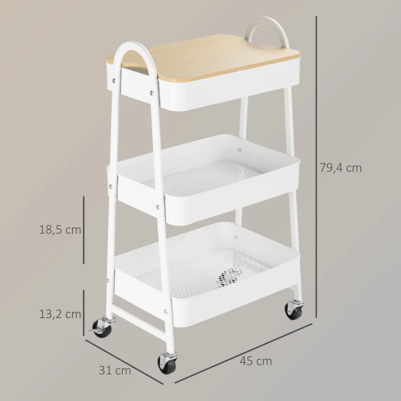 HOMCOM Carrito de Cocina con 3 Cestas de Acero y 1 Placa de Cubierta para Comedor Sala Baño 45x31x79,4 cm Blanco