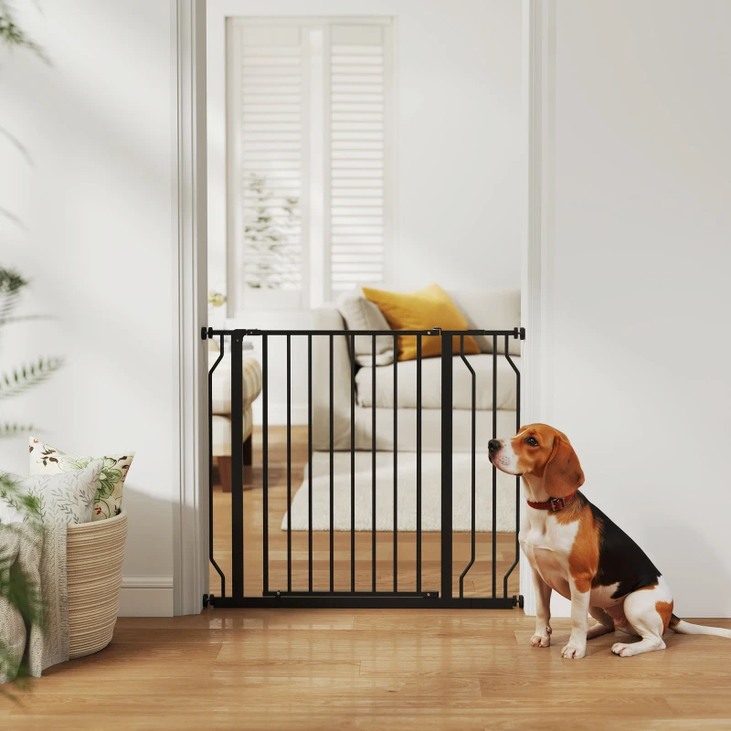 PawHut Barrera de Seguridad para Perros con 2 Extensiones Montaje a Presión Doble Bloqueo para Puerta Escalera 75-95 cm Negro