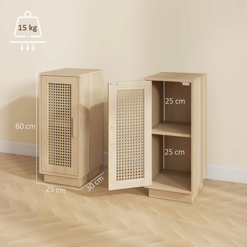HOMCOM Conjunto de 2 Mesitas de Noche con Puerta de Ratán, Mesillas de Noche Estilo Boho Estante Ajustable Natural