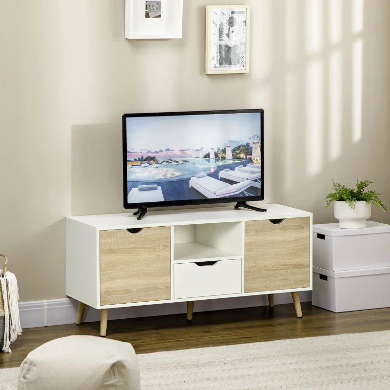 HOMCOM Mueble de TV con Cajón y 2 Puertas para Televisores de hasta 50" 110x40x50 cm Blanco y Madera Natural