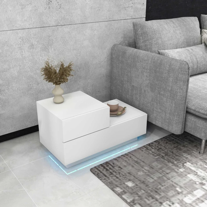 HOMCOM Comodino Moderno con 16 Luci LED RGB, Telecomando e Due Cassetti in Truciolato, 70x37x38cm, Bianco