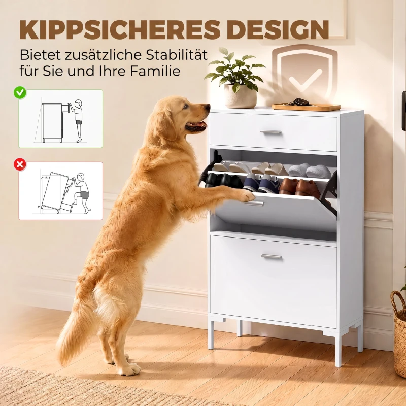 HOMCOM Moderne schoenenkast voor maximaal 12 paar schoenen, met 2 kleppen, lade en verstelbare plank, wit