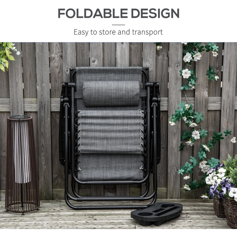 Outsunny Foldable Reclining Garden Chair with Headrest, Zero Gravity Deck Sun Lounger Seat with Footrest, Armrest, Cup Holder & Canopy Shade, Light Grey