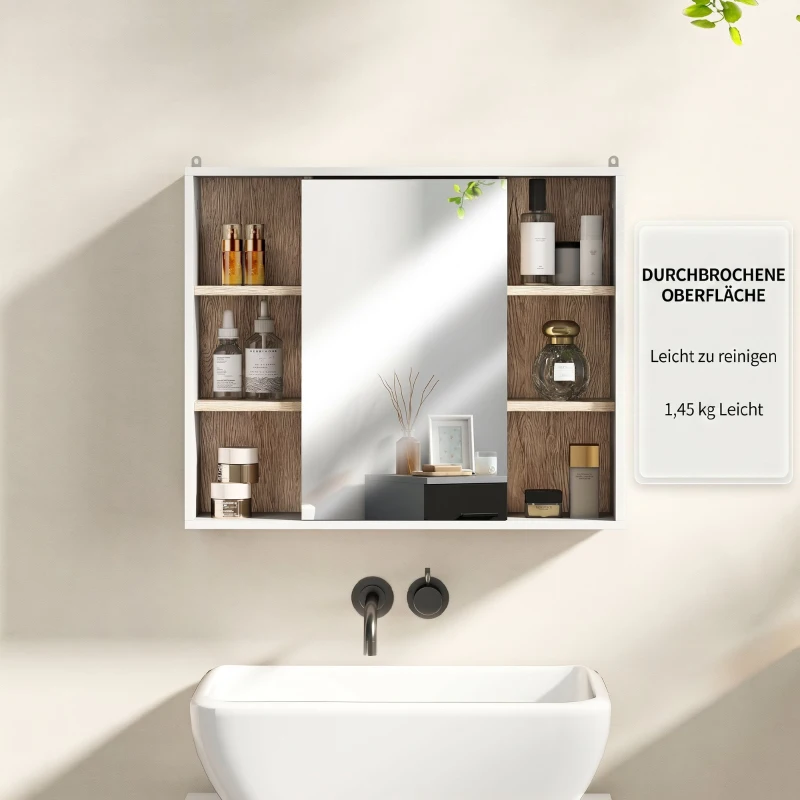 HOMCOM Dulap cu Oglindă din MDF și PAL cu 3 Rafturi Laterale și Raft Reglabil la Interior, 60x14,5x49,4 cm