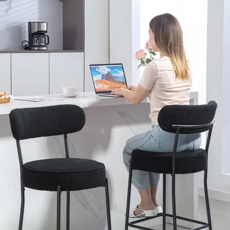 HOMCOM Lot de 2 tabourets de bar en tissu bouclette, chaises de bar avec dossier courbé, repose-pieds, 49x52x95cm, noir