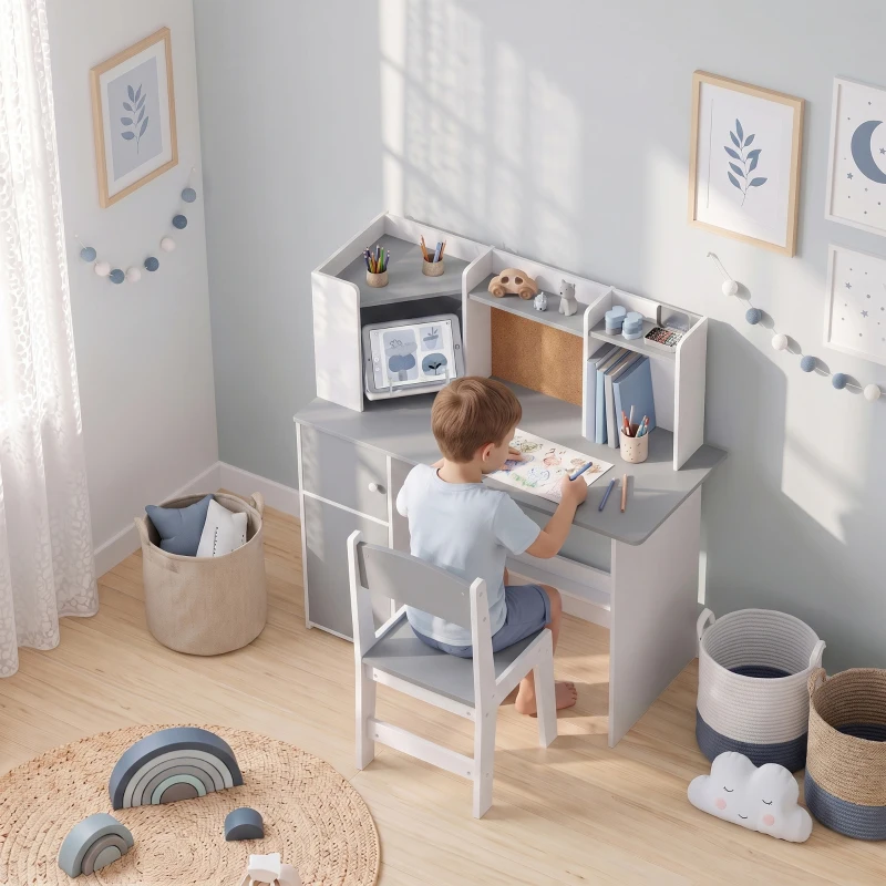 AIYAPLAY Set Scrivania e Sedia per Bambini con Portapenne, Supporto Regolabile per Tablet, Armadietti e Bacheca, Grigio