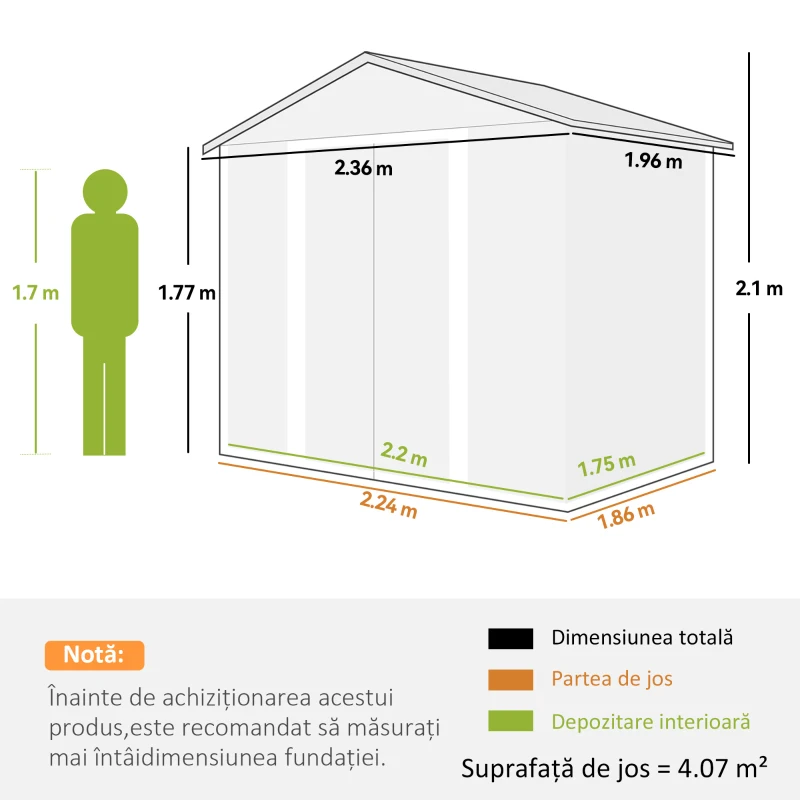 Outsunny Căsuță pentru Unelte cu Uși Glisante și 4 Grile de Ventilație, din Oțel și PP 196x236x208 cm, Gri Deschis