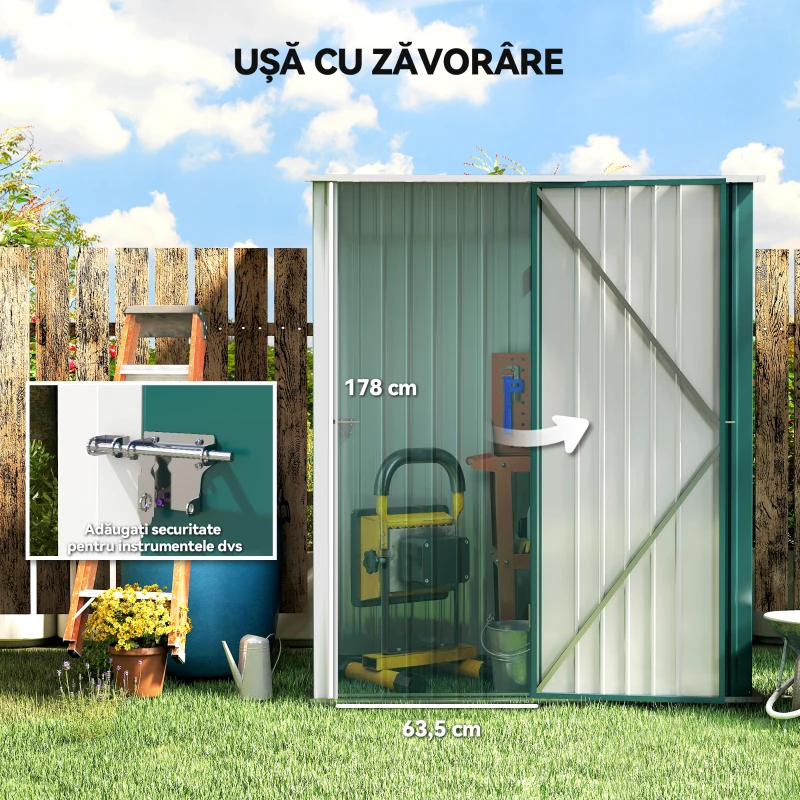 Outsunny Căsuță de Grădină din Oțel pentru Depozitare cu Sistem de Blocare, 161,5x94,5x196cm, Verde
