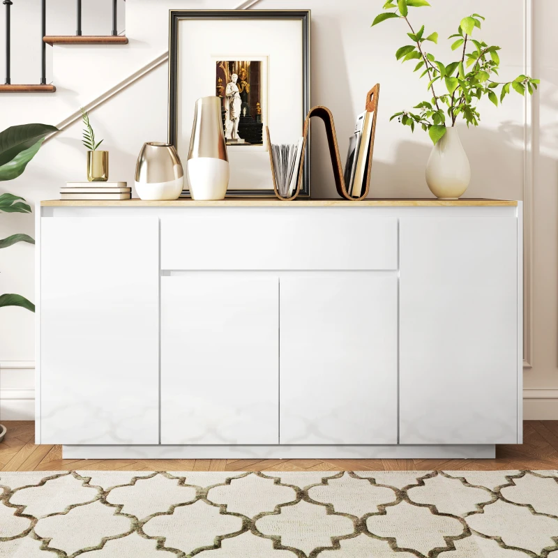 HOMCOM Aparador de Salón con 4 Puertas Cajón y Estantes Ajustables 140x40x75 cm Natural y Blanco Brillo