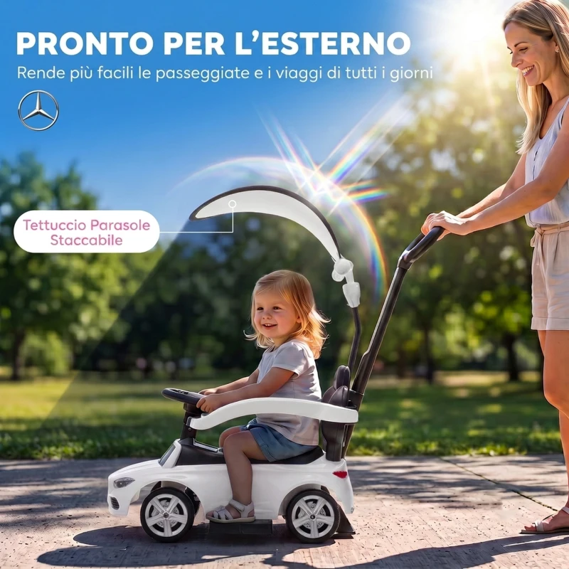 AIYAPLAY Macchina Cavalcabile per Bambini 1-3 Anni Mercedes-Benz con Barriera e Volante, Bianco