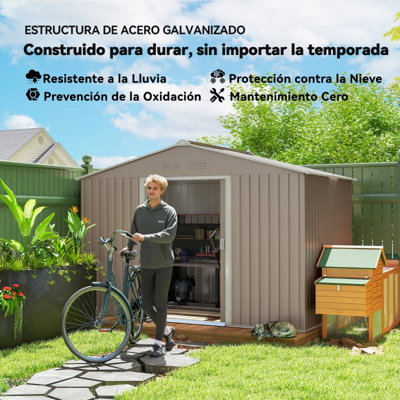 Outsunny Cobertizo de Jardín 4,9 m² 277x195x192 cm con 2 Puertas Correderas Techo de Fibra de Vidrio y 4 Ventanas Gris Claro