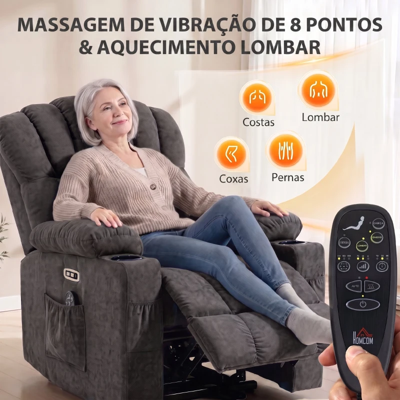 HOMCOM Poltrona Relax Reclinável Elétrica Elevatória com Massagem Vibratória, Calor, Assento Largo, USB-C, USB-A, Bolsos, Preta