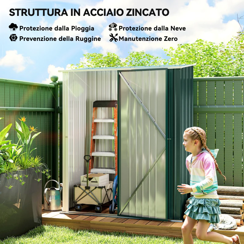 Outsunny Casetta da Giardino in Acciaio Porta Attrezzi con Catenaccio, 161.5x94.5x196cm, Verde