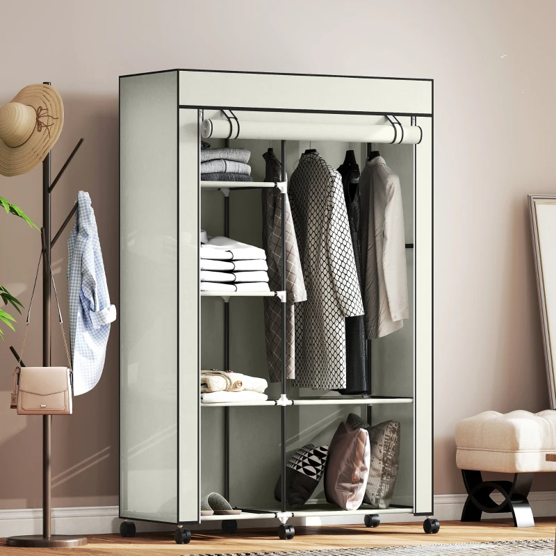 HOMCOM Roupeiro de Tecido Dobrável com 6 Prateleiras 1 Barra de Pendurar e Rodas para Dormitório Vestidor 103x43x162,5 cm Creme