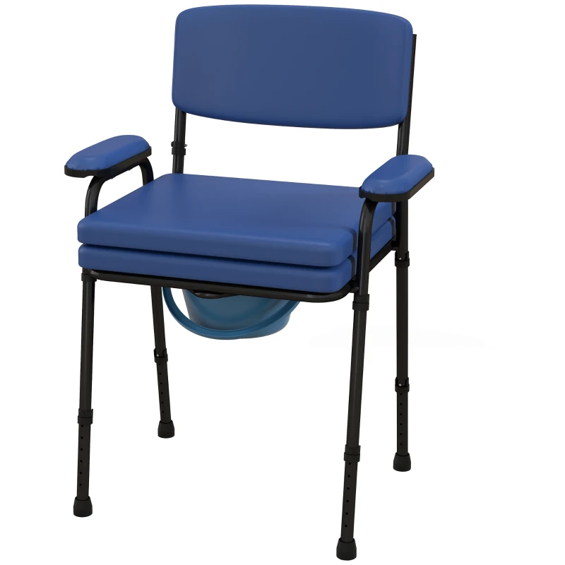 HOMCOM Chaise percée toilette multifonctions seau amovible hauteur réglable avec dossier siège et accoudoirs rembourrés bleu(m-12)